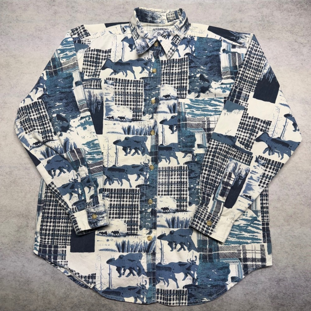 Andrews Blues Vintage 90s Moose Buffalo Patchwork Button Down Shirt Mens M